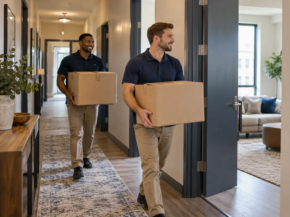 A moving crew carrying belongings through an apartment building.