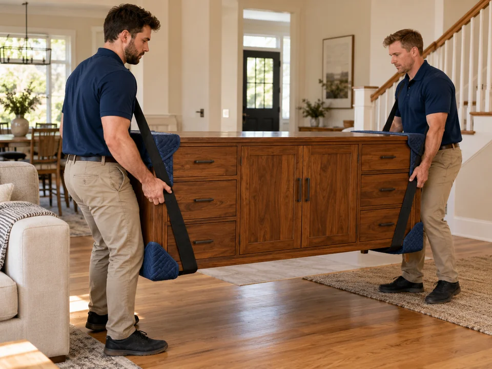 Professional movers carefully carrying protected furniture.