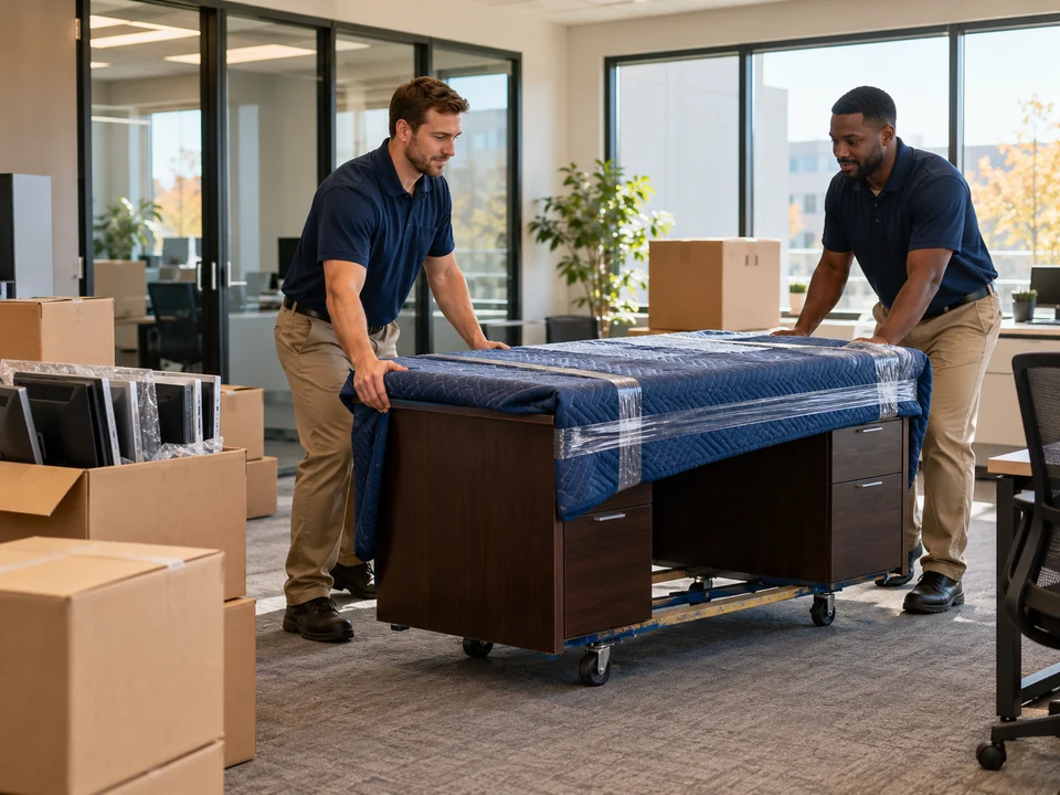 Movers organizing furniture and equipment in an office.