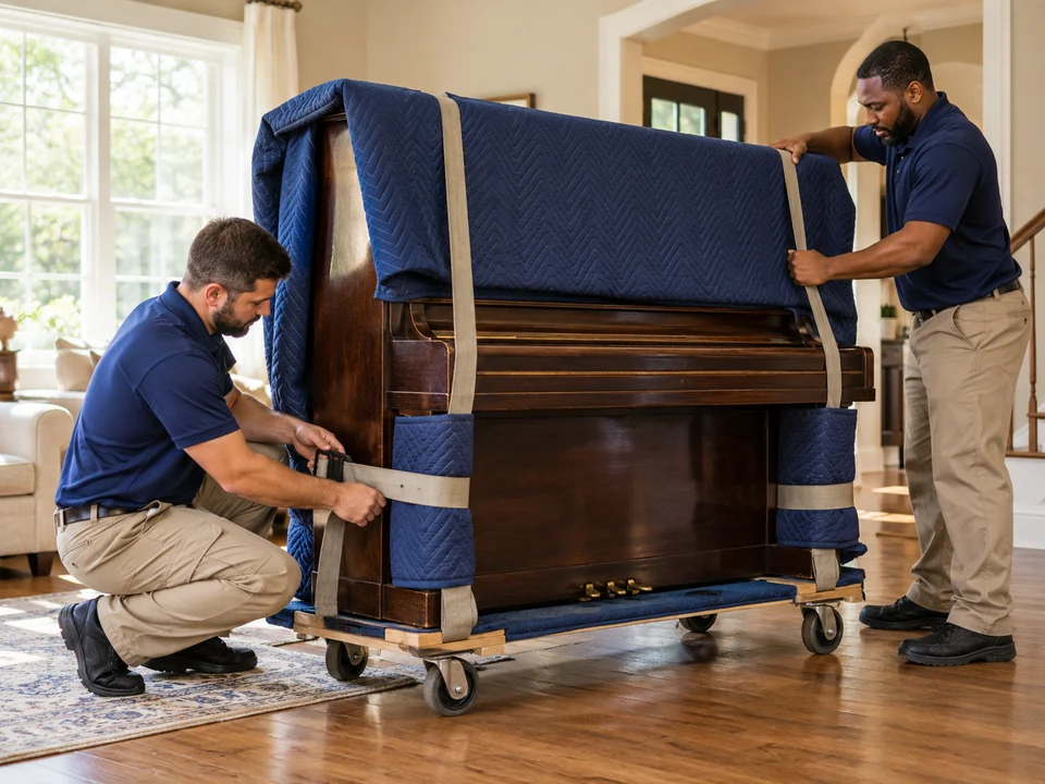 A protected piano prepared for careful transport.