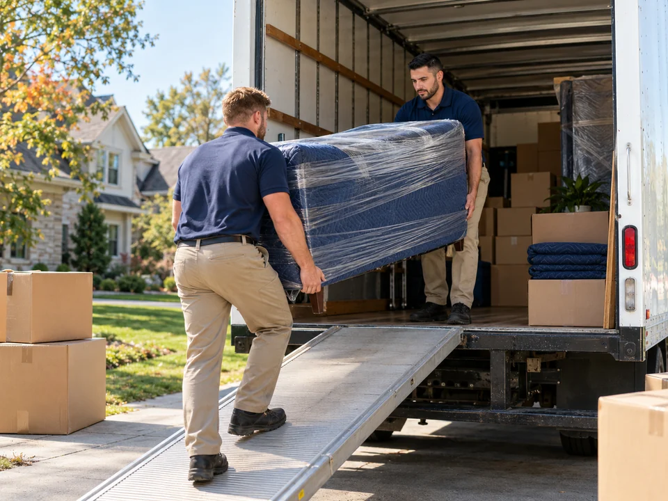 Movers preparing protected belongings for a longer journey.