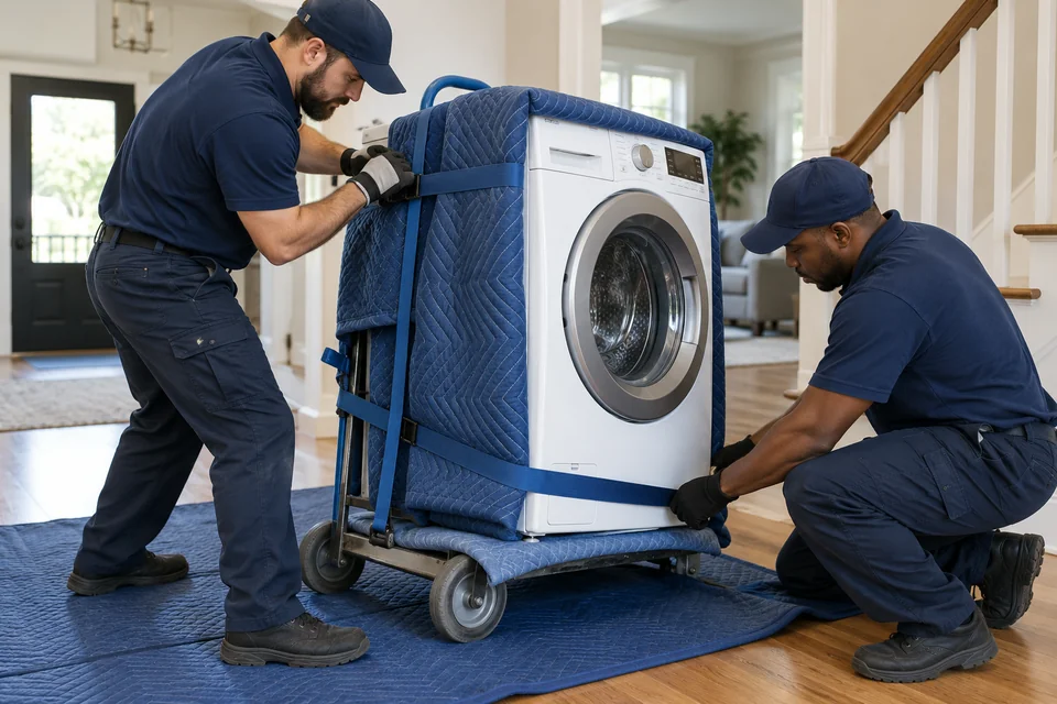 Movers transporting a protected household appliance on a dolly.