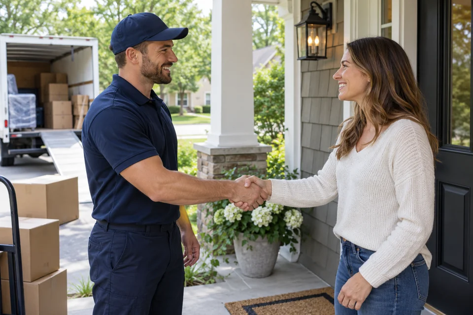 A homeowner and mover shaking hands after a move.