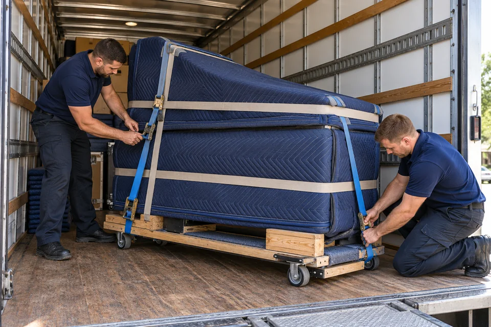 A protected piano prepared for careful transport.